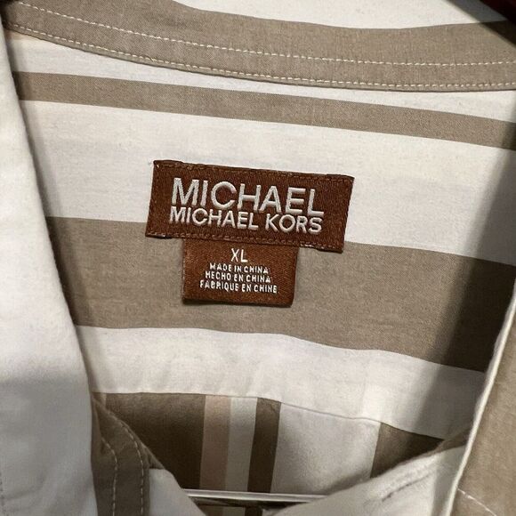 Michael Kors Mens Shirt Size XL White Beige Striped Button-Up Long Sleeve - Picture 3 of 7